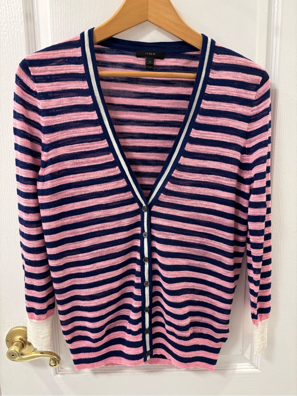 J. Crew Preppy Pink and Navy Striped V-Neck Cardigan Classic Old Money size M